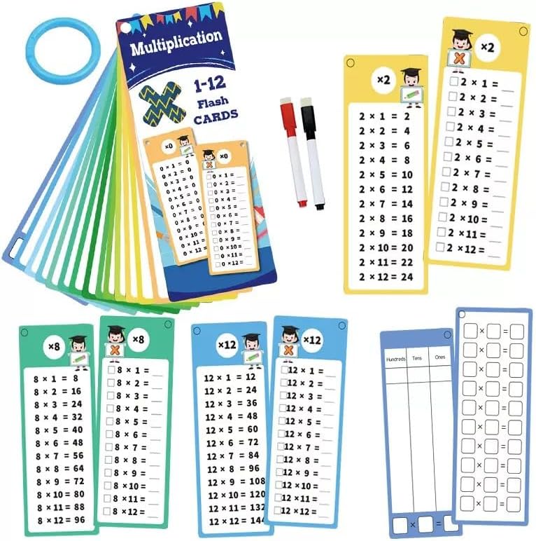 Multiplication Flash Cards 0-12, 15PCS Times Table Flash Cards Chart, with Dry Erase Markers Sorting Ring, 1st, 2nd, 3rd Grades Educational Math