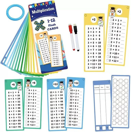 Multiplication Flash Cards 0-12, 15PCS Times Table Flash Cards Chart, with Dry Erase Markers Sorting Ring, 1st, 2nd, 3rd Grades Educational Math