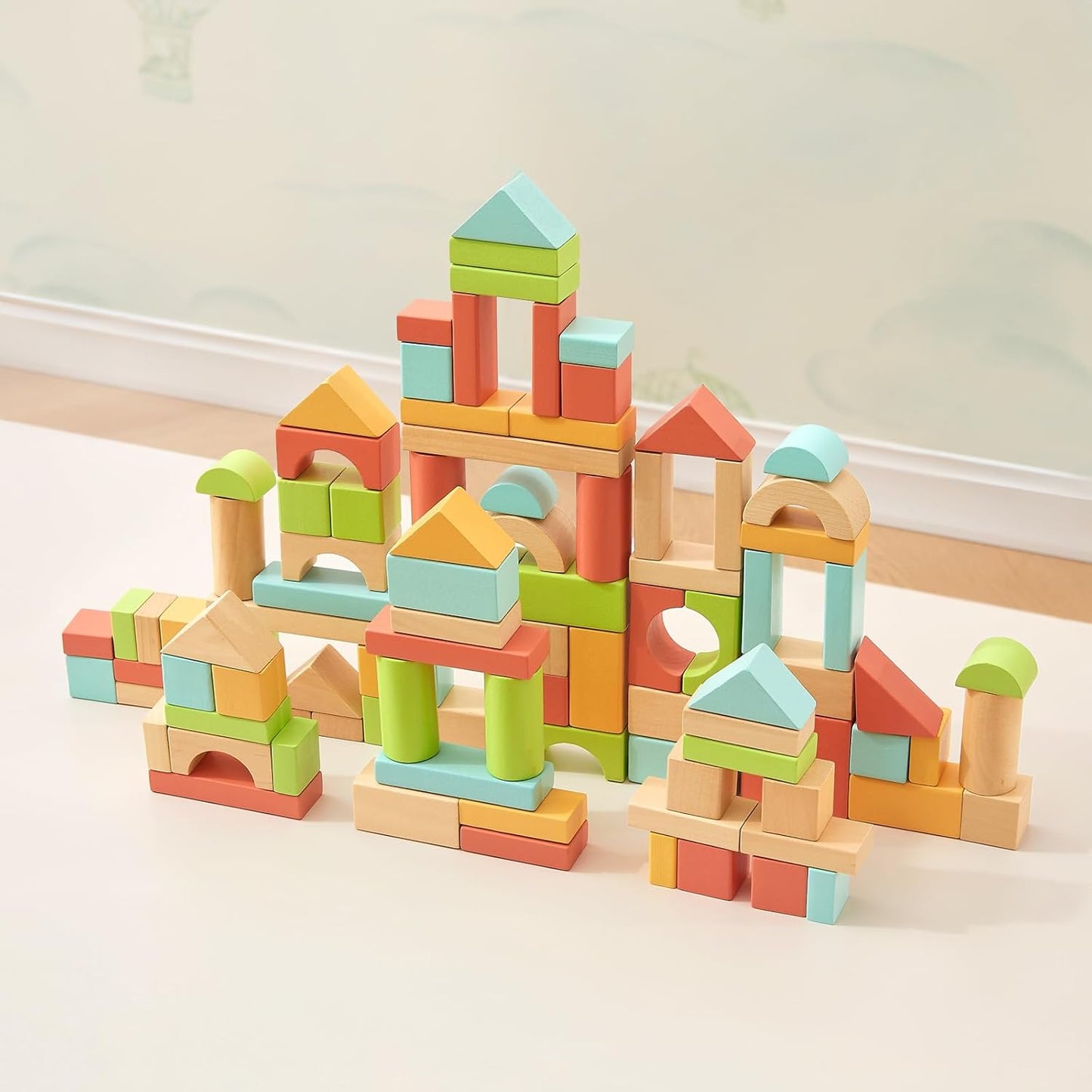 100pcs Natural Beech Wooden Building Blocks for Toddlers 1-3, Wooden Blocks for Baby Shower with Storage Bucket, Montessori Toys for Preschool Girls and Boys
