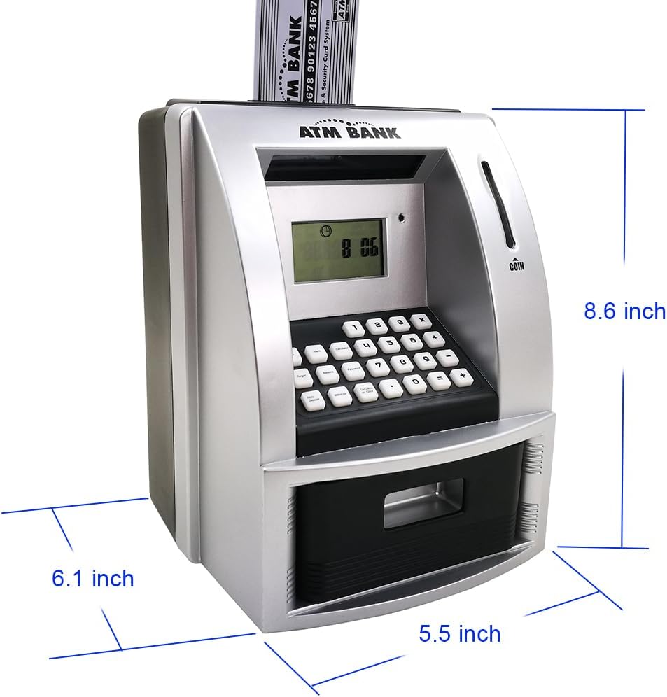 Electronic Piggy Bank with Password for Kids for 6-12 Year Old Boys and Girls - Toy Counting Money Bank - Fun Birthday Present - ATM Piggy Bank for Real Money (Black/Silver)