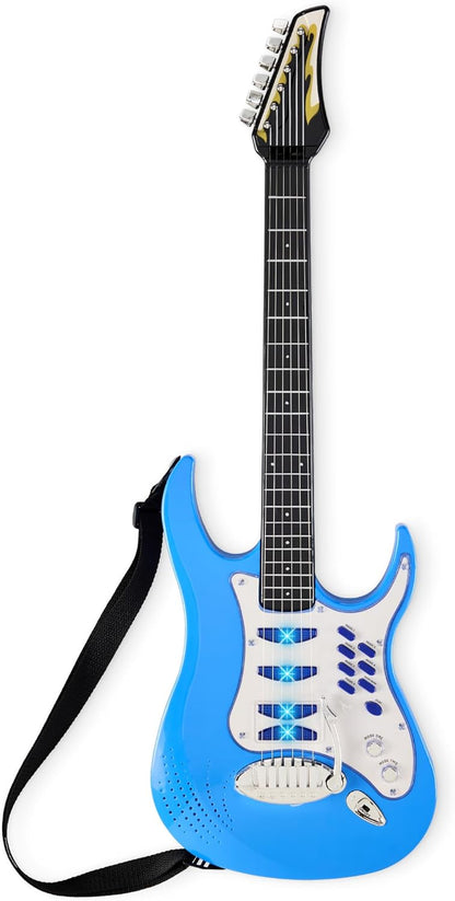Best Choice Products Kids Electric Guitar Set with Microphone & Amp, Interactive Musical Toy for Boys & Girls, Lights & Sounds, Demo Songs, AUX Input, DIY Stickers - Blue