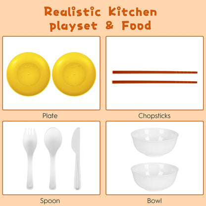 60Pcs Kids Mini Play Kitchen Accessories, Pretend Cooking Play Set with Cookware, Tableware & Fruit & BBQ Sets, Learning Gift for Boys, Girls, Toddlers,Yellow