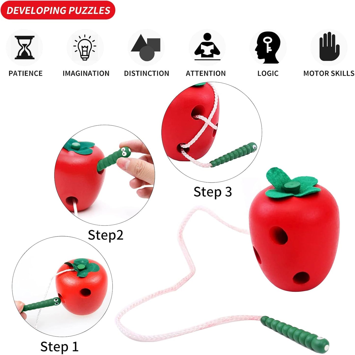 Sealive Early Development Wooden Lacing Toys, Montessori Activity Caterpillars Eat Apple and Kids Cheese Toys, Children Learning Educational Wood Block Puzzles for Toddlers Boys Girls