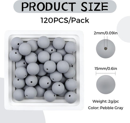 120PCS FIVEIZERO Silicone Beads for Keychain Making, 15mm Glacier Gray Round Silicone Rubber Focal Beads Bulk for DIY Crafts, Bracelets, Necklaces, and Pens