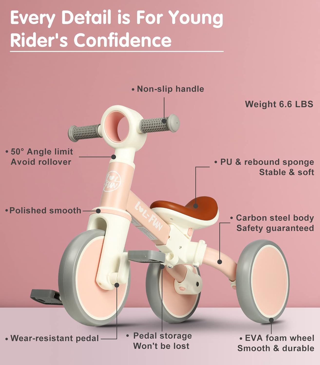 LOL-FUN Tricycle for Toddlers 1-3 Years Old Boys Girls Toy, 4 in 1 Baby Balance Bike for 1 2 Year Old Gift, Kids Bicycle with Easy Assembly Removable Pedal