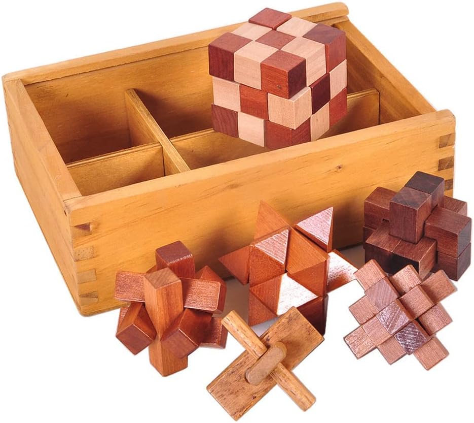 VolksRose 9pcs Wooden Brain Teaser Puzzles, IQ Challenge Puzzle Games, Logic Smart Mind Puzzle Box Lock Toy Removing Assembling 3D Small Puzzle Gift Set for Adults Teenagers Kids, 1.8inch 4.5cm