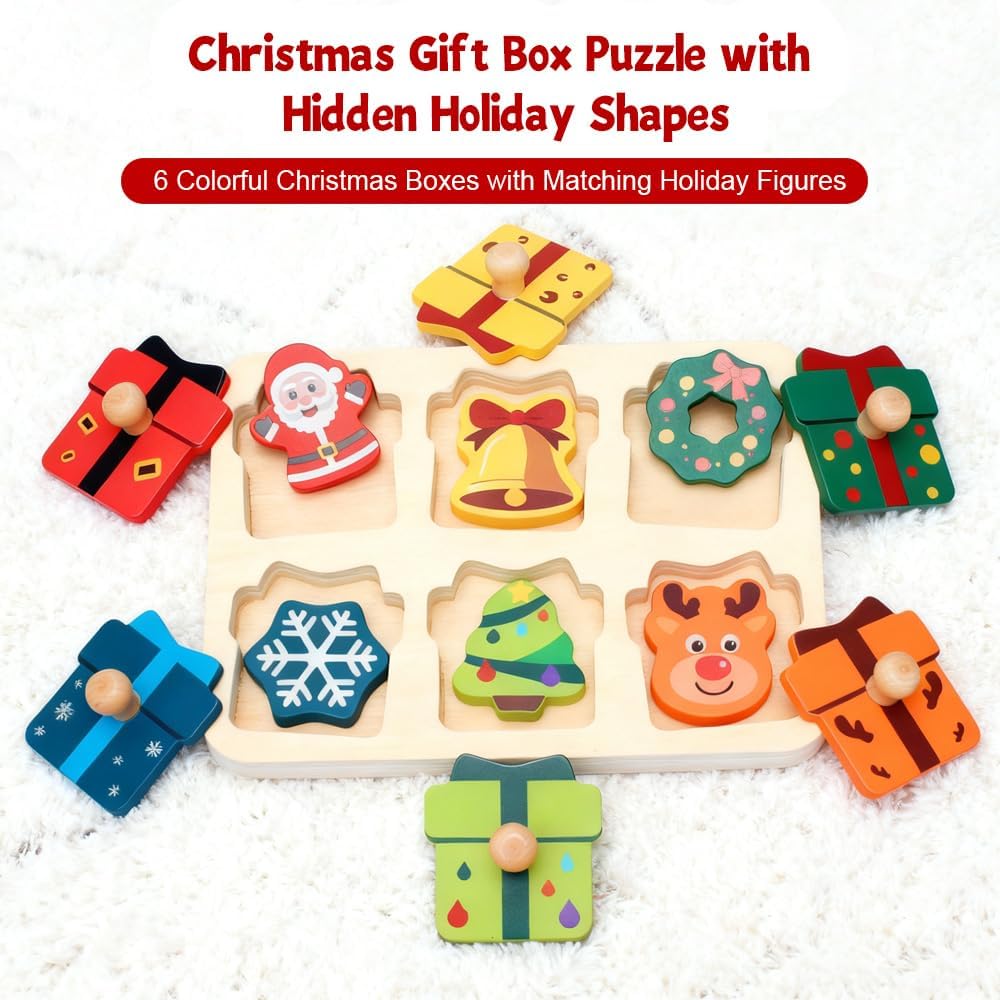 Waybla Stocking Stuffer for Kids - Christmas-Themed Wooden Peg Puzzle for Toddlers 1-3 Years, Montessori Educational Toy and Learning Activity