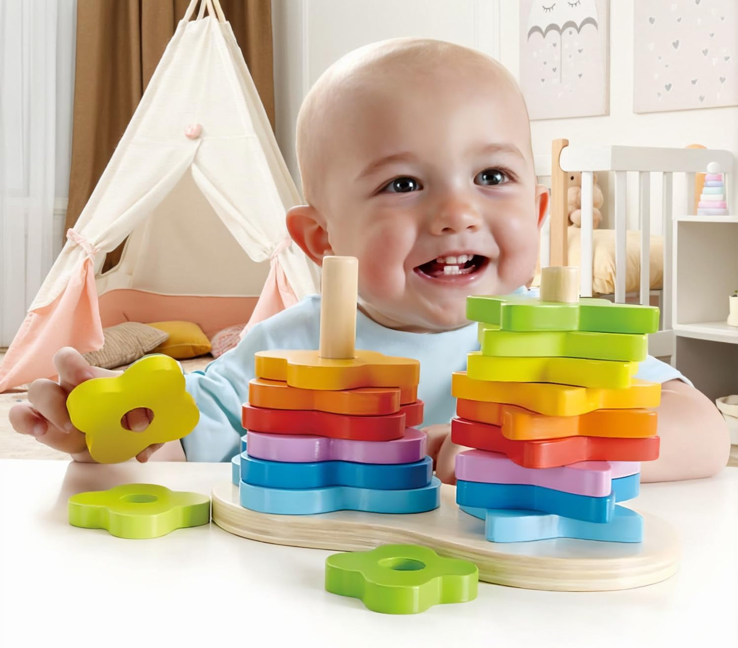 Hape Wooden Double Rainbow Stacker Set| Color Recognition Stacker & Educational Learning Toys for Toddlers