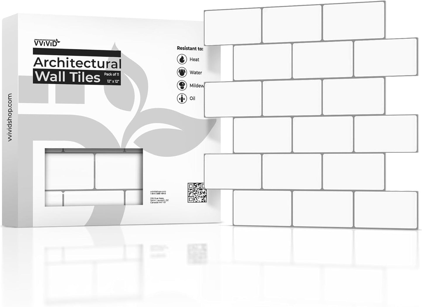 VViViD 11 Sheets Peel and Stick Grey Gloss Faux Ceramic Brick Wall Tiles, Self Adhesive Backsplash 12”x12”, 2mm Thick Kitchen, Bathroom (11 sq. ft.)