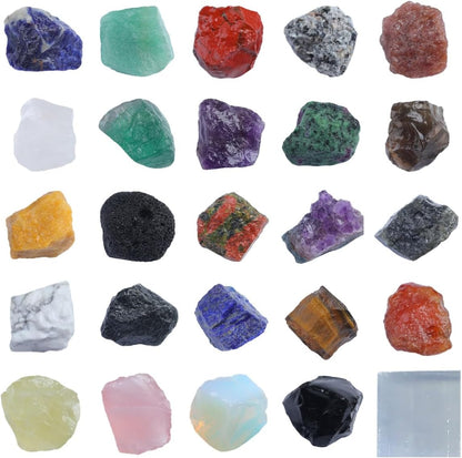 Rock Collection for Kids, 25PCS Crystal Gem Mineral Collection Set Box Gift for Boys and Girls, Natural Gemstone with Learning Guide Education Set