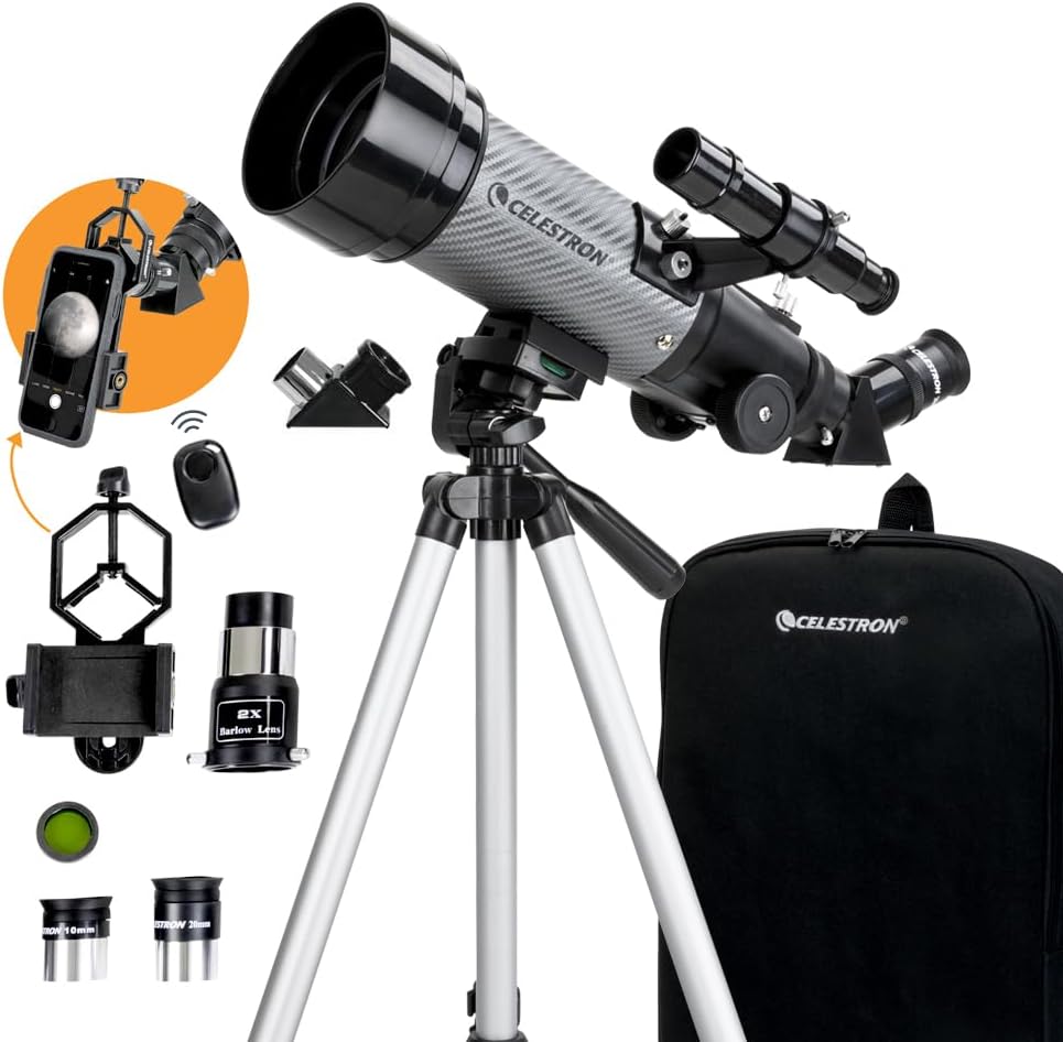Celestron Travel Scope 80 Portable Refractor Telescope – 80mm Aperture, Fully-Coated Glass Optics – Includes Tripod, Smartphone Adapter, Backpack & Software – Ideal for Beginners & Travel