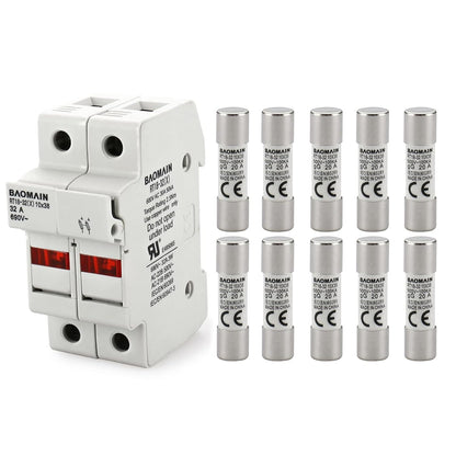 Baomain RT18-32 Fuse Holder Base with 10x20A Ceramic Fuses (10x38mm) – 2 Pole DIN Rail Mount, LED Indicator, CE Certified (20 Amp)