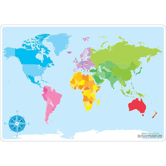 Ashley Productions ASH95002 Smart Poly™ Learning Mat, World Basic Map, Polypropylene (PP)/Paper, 12" x 17"