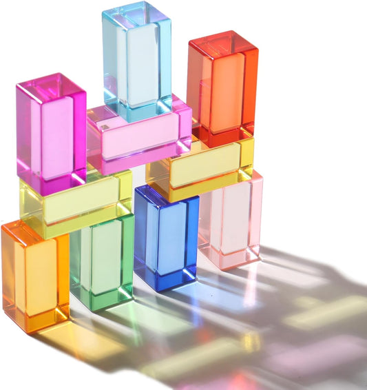 30 Pcs Mixed Acrylic Blocks Set - 10 Long (2.5x2.5x5CM) + 20 Cube (2.5x2.5x2.5CM) Rainbow Gem Blocks, Sensory Stacking Toy for 1 2 3 4 Years Old, Boys Girls Gift with Rich Building Possibilities