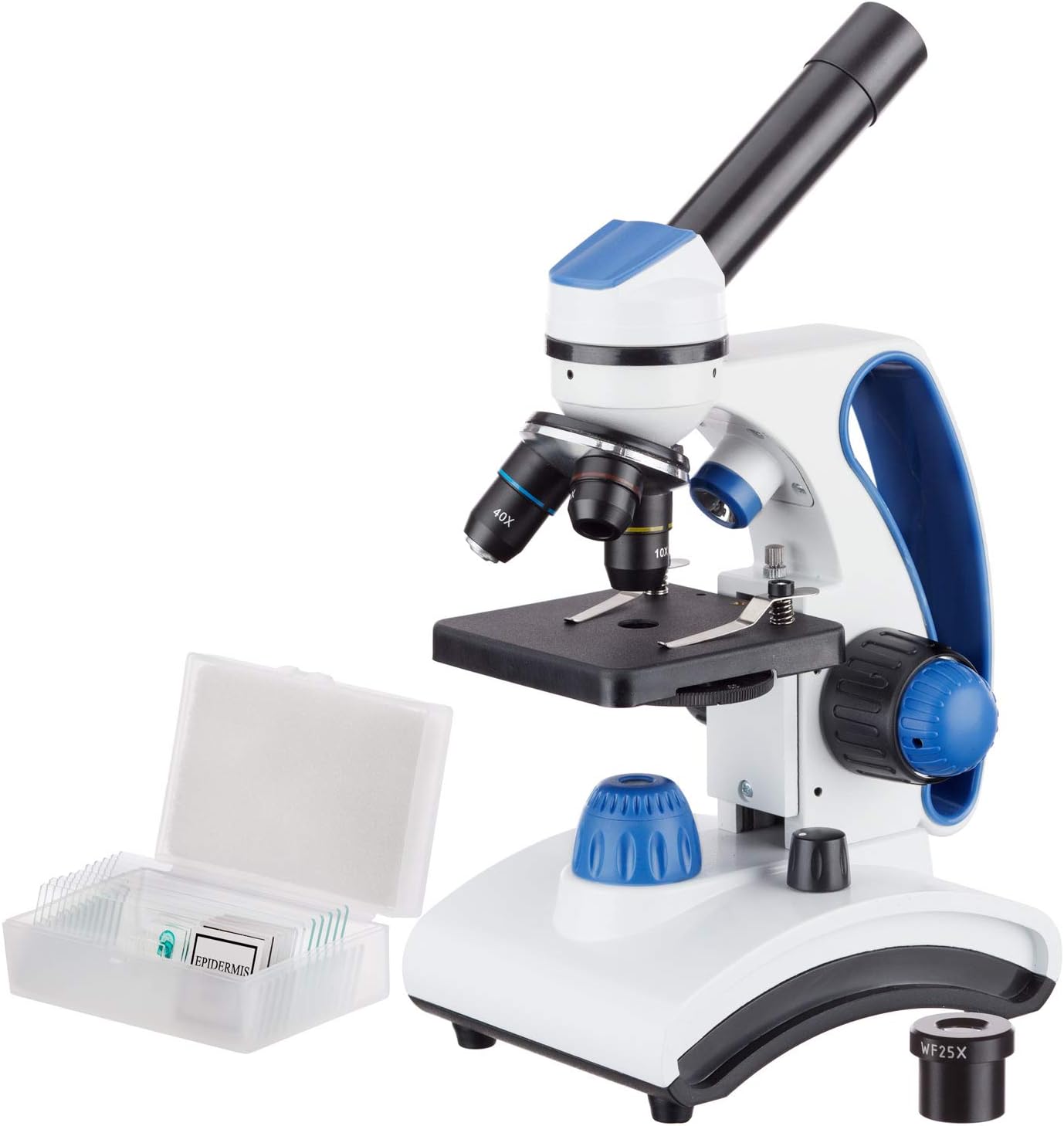 AmScope M162C-2L-PB10-WM"Awarded 2018 Best Students and Kids Microscope Kit" - 40X-1000X Dual Light All Metal Microscope with Slides and Microscope Book, Blue