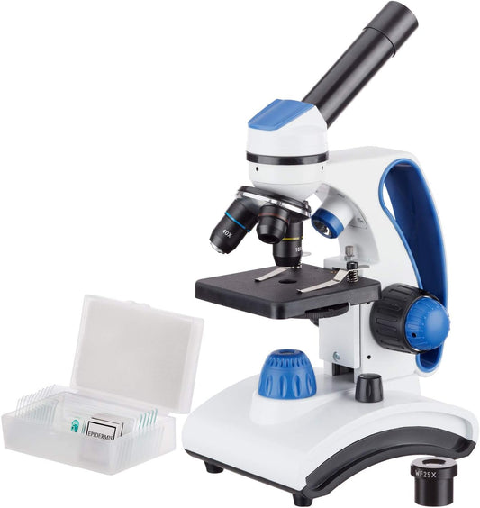 AmScope M162C-2L-PB10-WM"Awarded 2018 Best Students and Kids Microscope Kit" - 40X-1000X Dual Light All Metal Microscope with Slides and Microscope Book, Blue