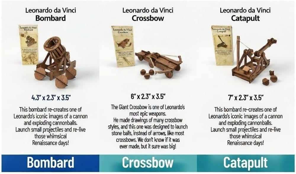 PATHFINDERS Leonardo Da Vinci weapons mini model kits catapult crossbow bombard set of 3 Engineering kits Educational Toys for Kids Science kit for Kids Age 8-10 10-12 stem Projects Wood Building Kits