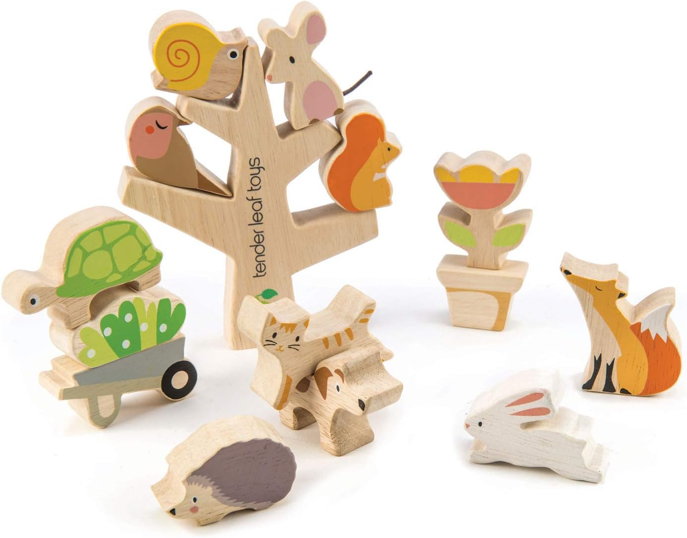 Tender Leaf Toys - Stacking Garden Friends - 14 Pcs Wooden Stacking & Balancing Toy & Educational Game with Free Travel Bag