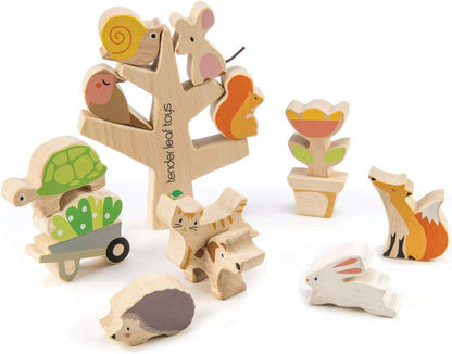 Tender Leaf Toys - Stacking Garden Friends - 14 Pcs Wooden Stacking & Balancing Toy & Educational Game with Free Travel Bag