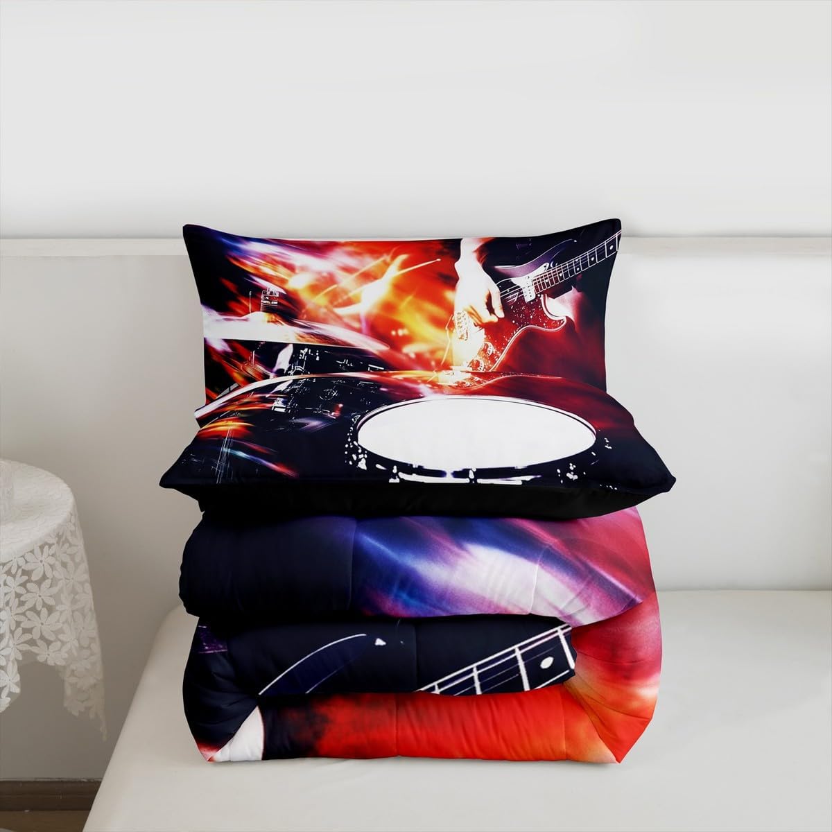 Erosebridal Drum Kit 3D Print Kids Comforter Sets Rock Music Themed Full Bedding Set for Boys Girls Musical Pattern Comforter Set,Colorful Retro Style Quilt Duvet 3 Pcs
