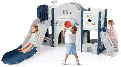 Costzon 10 in 1 Toddler Slide Set, Kids Slide and Climber Playset with Magnetic Whiteboard, Ring Toss, Basketball Hoop, Crawling Tunnel, Long Aisle & Storage, Indoor Playground for Ages 3+ (Blue)