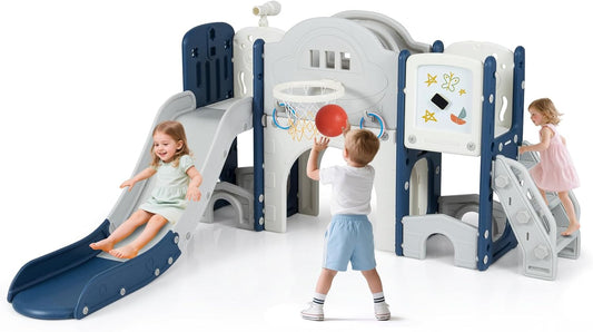 Costzon 10 in 1 Toddler Slide Set, Kids Slide and Climber Playset with Magnetic Whiteboard, Ring Toss, Basketball Hoop, Crawling Tunnel, Long Aisle & Storage, Indoor Playground for Ages 3+ (Blue)
