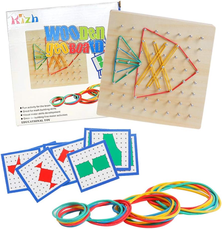 Kizh Wooden Geoboard Math Manipulative Material Graphical Geo Board Montessori Educational Toys Array Block Pattern Cards and Rubber Bands STEM Puzzle Matrix 8x8 Brain Teaser Toys