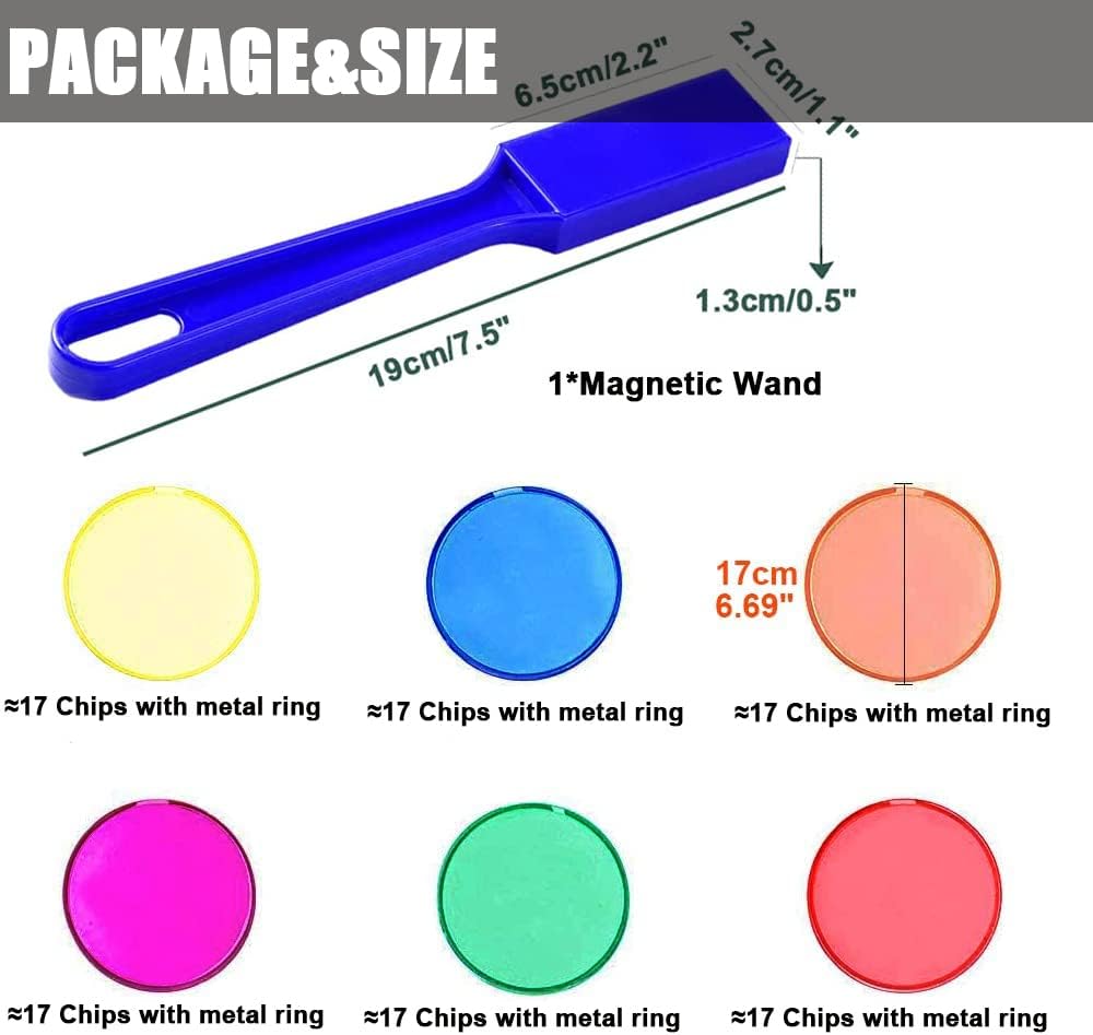 Bingo Chips Set-Magnetic Wand & 100 Counting Chips-6 Colors Transparent Plastic Markers for Family School Learning Game Zoom Bingo and Pokeno Nights