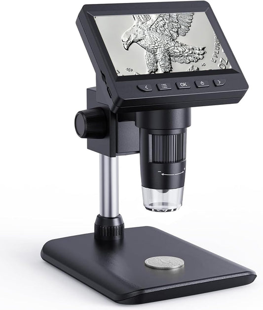 Coin Microscope, 4.3 Inch Digital Microscope 1000X Coin Microscope for Error Coins with 8 Adjustable LED Lights, PC View Compatible with Windows & MacOS