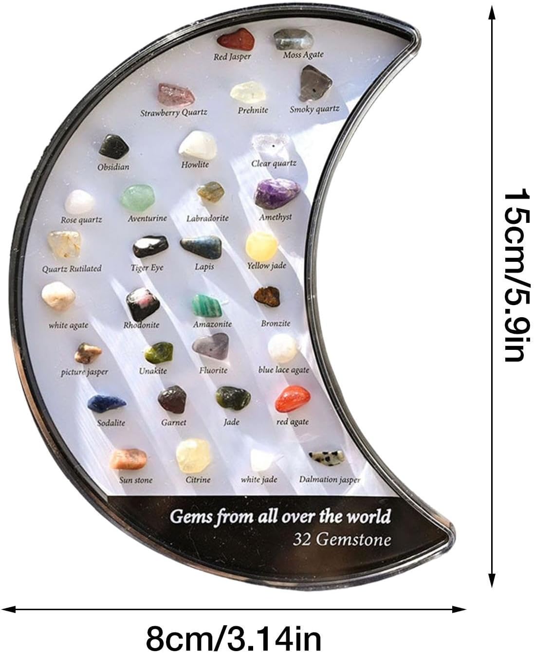 Rock Crystal Collection Box Crescent Moon Shaped, 32 Types Mineral Rock Collection Kit, For Kids Nature Science Education, Enhance Parent Child Interaction, 3.14x5.9in