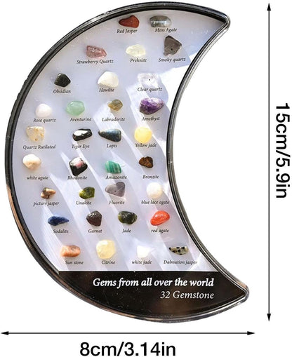Rock Crystal Collection Box Crescent Moon Shaped, 32 Types Mineral Rock Collection Kit, For Kids Nature Science Education, Enhance Parent Child Interaction, 3.14x5.9in
