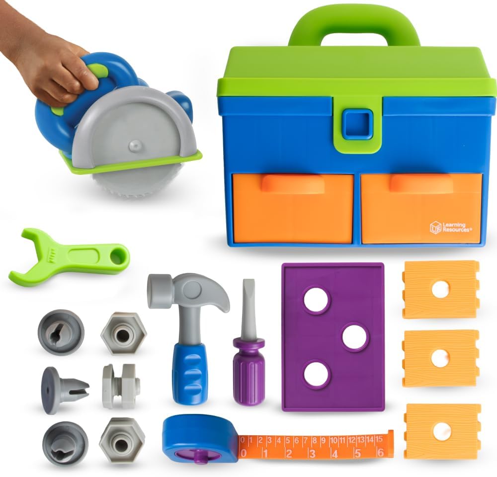 Learning Resources New Sprouts All-in-One Toolbox - Kids Tool Set, Toddler Toys, Fine Motor Skills, Pretend and Play Construction Box, Montessori Drill and Screw Toys, Gifts for Boys and Girls