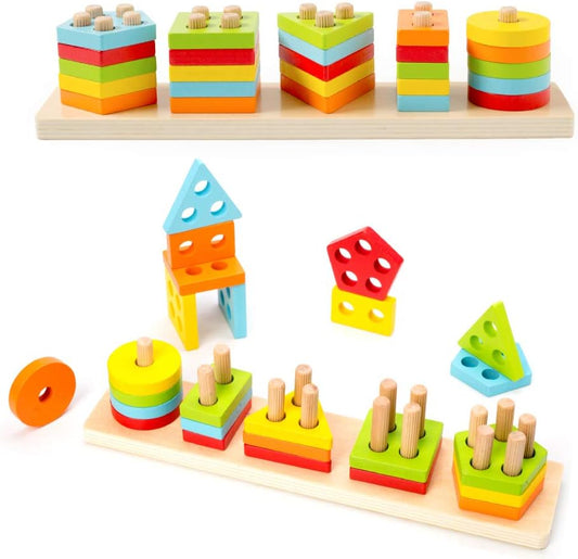 WOOD CITY Wooden Montessori Sorting & Stacking Toys for Toddlers 1 2 3 Year Old, Educational Shape Color Recognition Puzzle Stacker, Development & Learning Toys Boys Girls