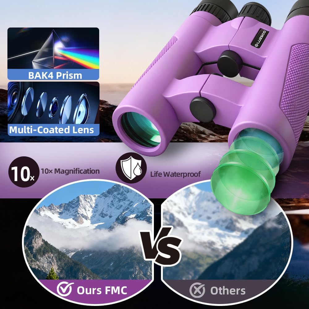 Binoculars for Kids 8-12, 10x25 Kids Binoculars for Nature Exploration, HD Childrens Binocular for Bird Watching, Hiking, Camping, Outdoor Adventure - Purple