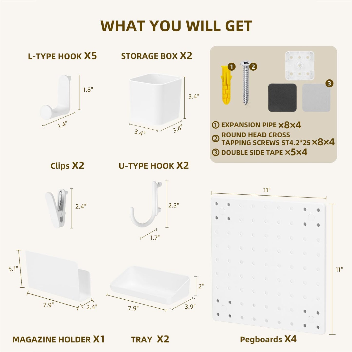 VUSIGN Peg Board Combination Kit, 22"x22" Pegboards and Accessories for Wall Organization with Two Installation Modes, Pegboard Wall Organizer for Office, Home, Desk,White Peg Board