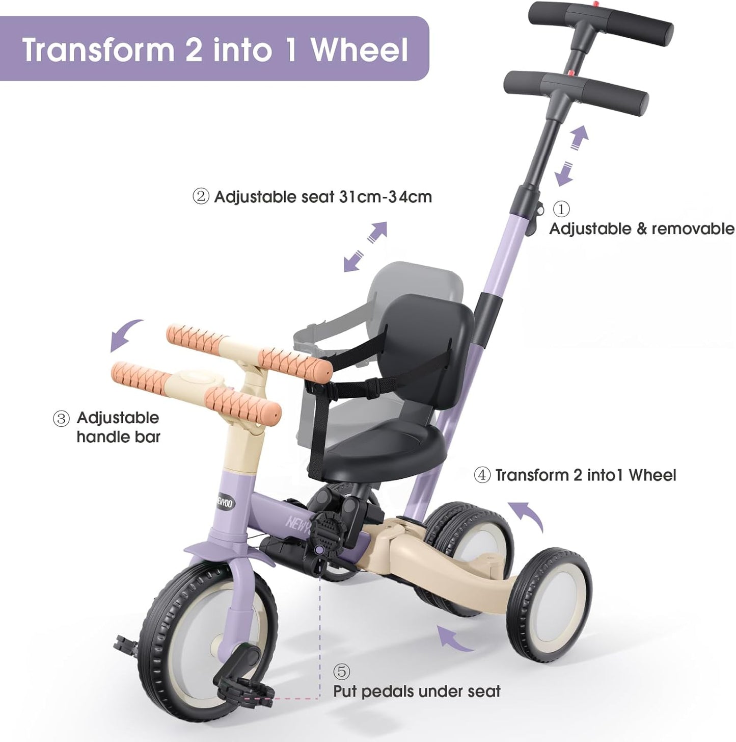 newyoo Toddler Tricycle with Push Handle for 1-3 Year Old, Toddler Bike, Birthday Gift and Toy for Boys and Girls, 5 in 1 Kids Trike, Balance Bike with Backrest and Safety Belt, Khaki, TR007