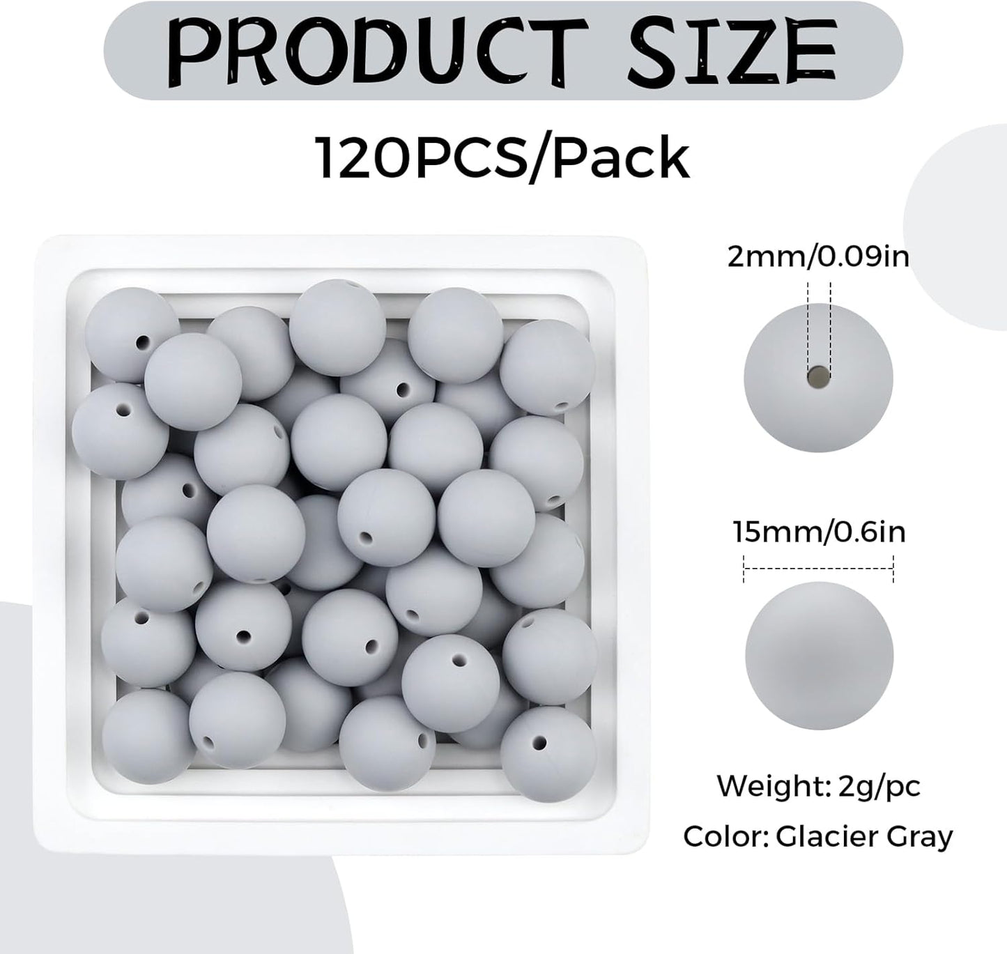 120PCS FIVEIZERO Silicone Beads for Keychain Making, 15mm Glacier Gray Round Silicone Rubber Focal Beads Bulk for DIY Crafts, Bracelets, Necklaces, and Pens