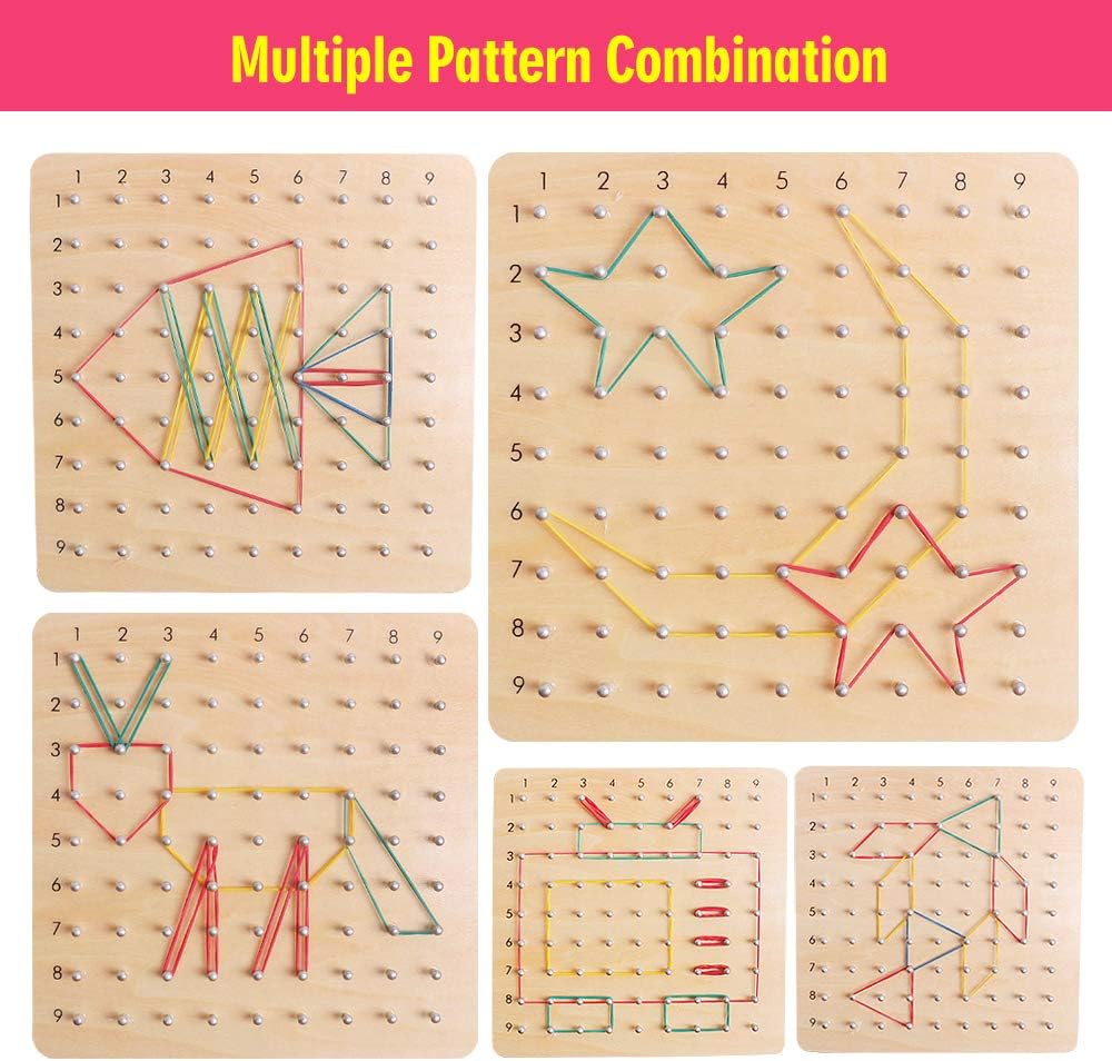 Skrtuan Wooden Geoboard with Pattern Cards & Rubber Bands, Montessori STEM Educational Toy for Kids 3-5 5-8 Years Old, Brain Teaser Puzzle Game for Geometry Learning and Creative Shapes