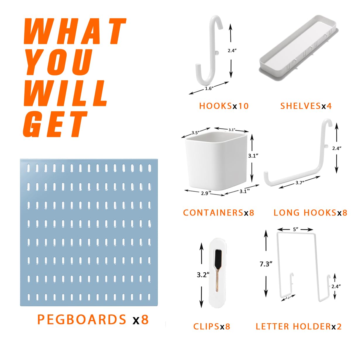 Peg Board Combination Kit, 4 Pegboards with 20 Accessories, Pegboard Wall Organizer for Office, Nursery & Home Storage, Key Holder, 25.6"x25.6" – Nail-Free Installation（White）