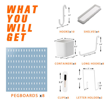 Peg Board Combination Kit, 4 Pegboards with 20 Accessories, Pegboard Wall Organizer for Office, Nursery & Home Storage, Key Holder, 25.6"x25.6" – Nail-Free Installation（White）