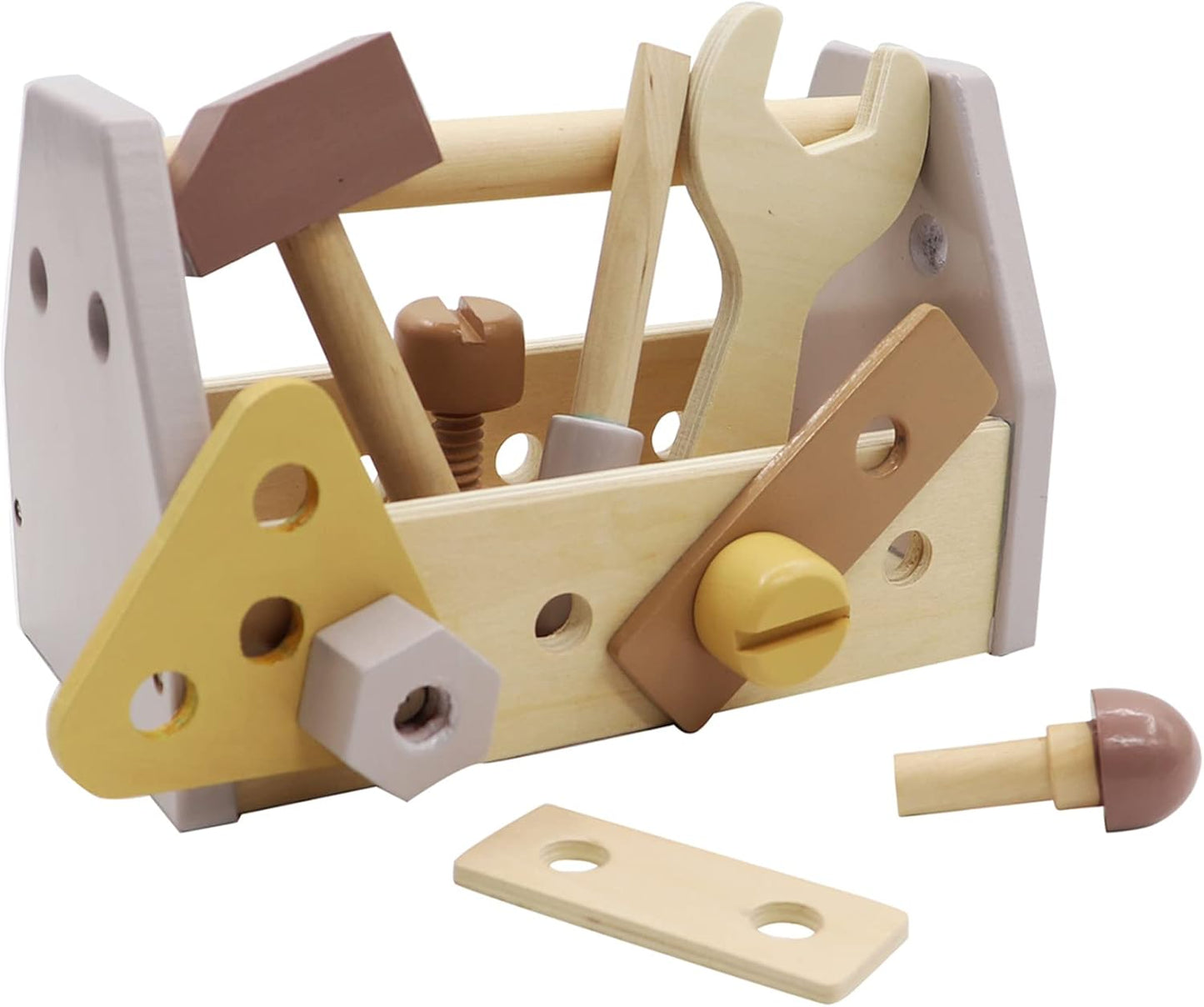 Montessori Wooden Tools Kit Toddler Educational Construction Kids Toys Sets Play Box Preschool Play Tool Wooden Construction Toy（Yellow）
