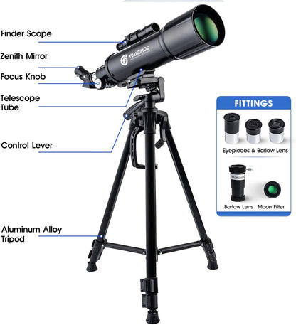 Telescope 70 mm Aperture 400 mm Refractor Astronomical Portable Telescope for Kids Adults Beginners with Tripod Carrying Bag White
