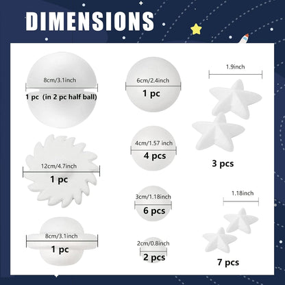 Pllieay Solar System Model Foam Ball Kit Includes 14PCS Mixed Sized Polystyrene Spheres Balls, 12PCS Bamboo Sticks, 12 Color Pigments, 2PCS Painting Brushes for School Science Projects