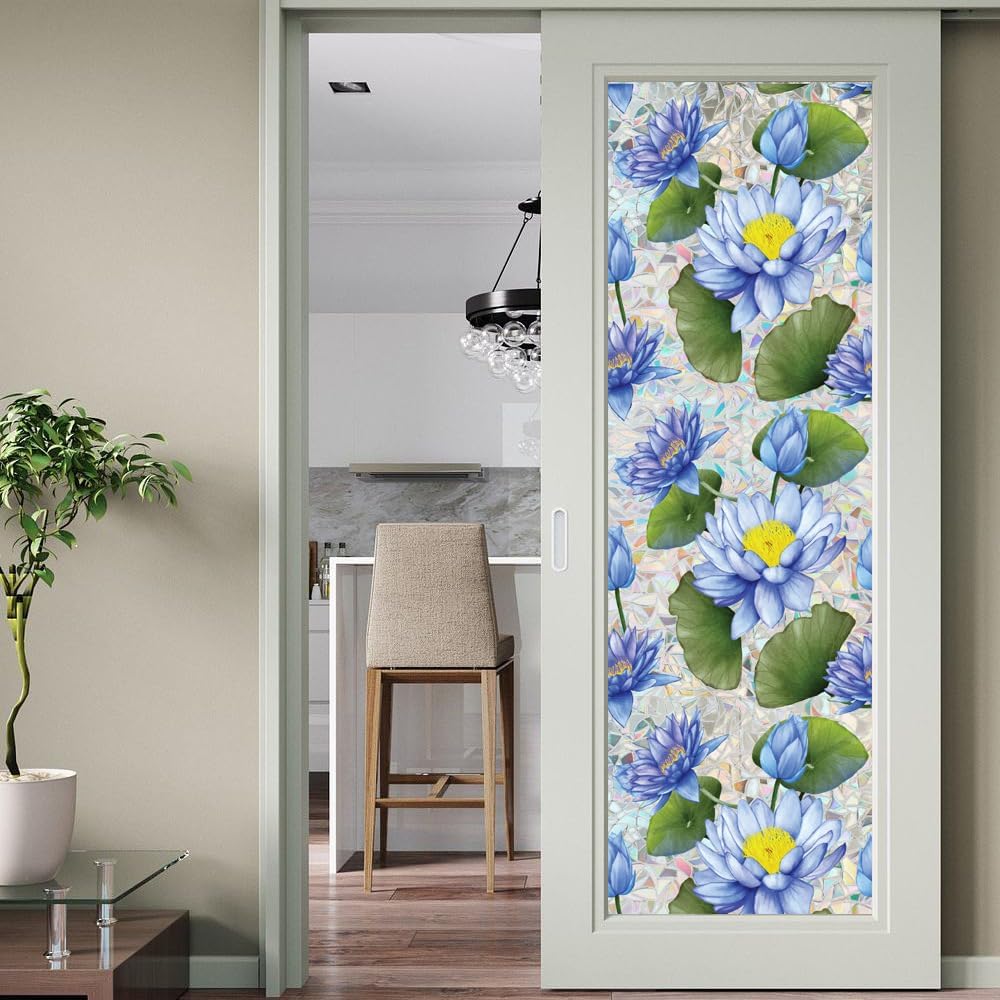 Flower Stained Glass Window Film Decorative Static Cling Stickers Sun Blocking Privacy Decals for Home Car White Lily