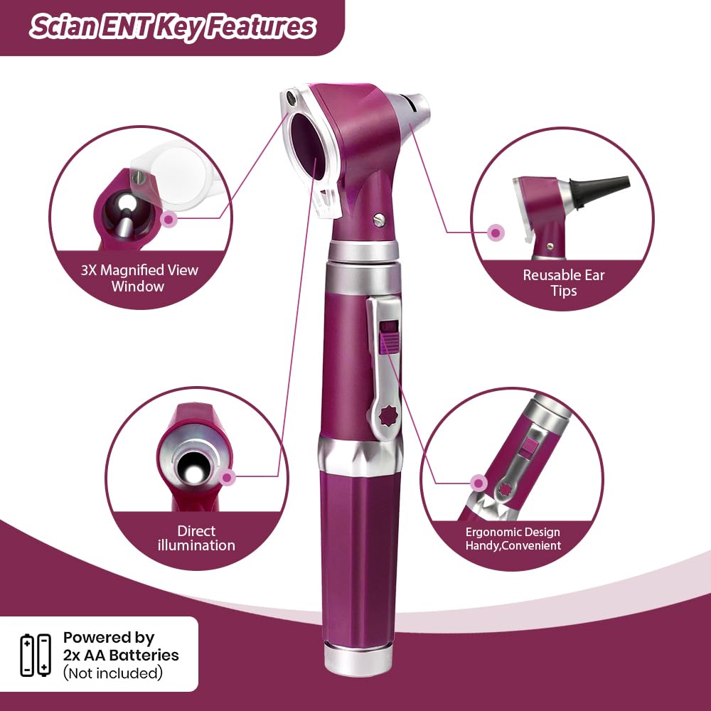 Scian Otoscope - Ear Scope with Light, Ear Infection Detector and Pocket Ear Checker Kit with 3X Magnify Lens, Suitable for Kids, Adults, Doctors, Pets(Pink)