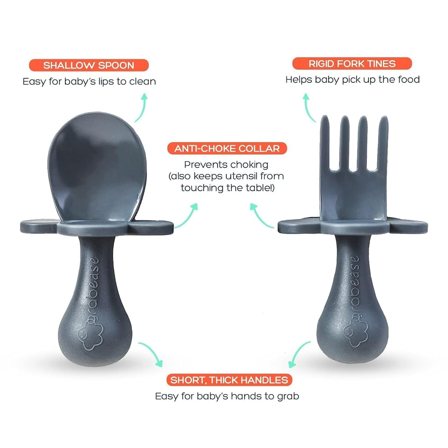 Grabease Baby Feeding Utensils - Anti-Choke Collar & Toddler Fork for Ages 1-3 - Easy-Grip Curved Handle Infant Spoon - Dishwasher-Safe Convenience & Baby Cutlery - Teal