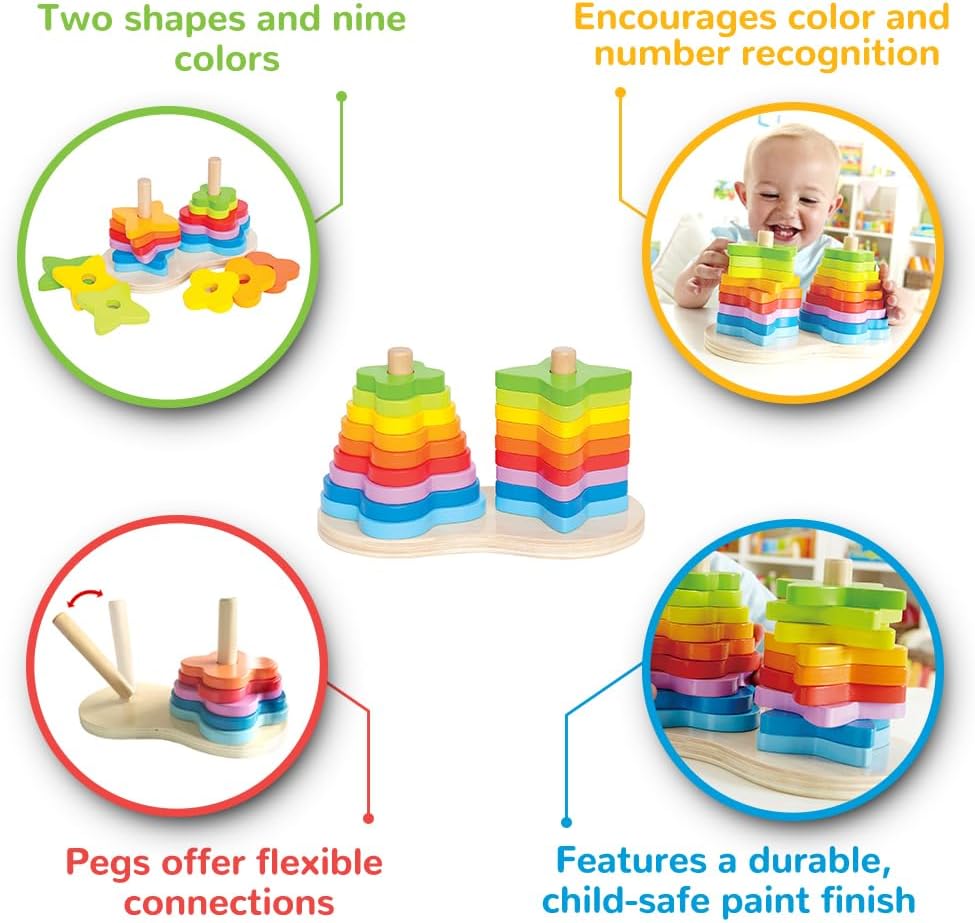 Hape Wooden Double Rainbow Stacker Set| Color Recognition Stacker & Educational Learning Toys for Toddlers