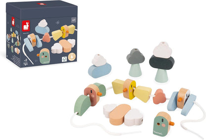 Janod - Stringable Farm-Themed Wooden Beads Set 11 Pieces - Designing Custom Jewelry - Imagination Development - Boosts Creativity and Motor Skills - Encourages Imaginative Play