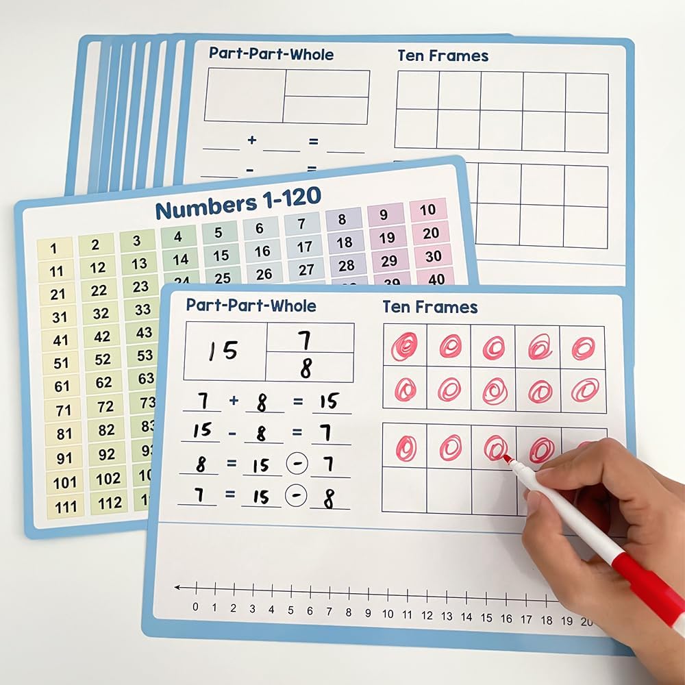 Lachilly 10 Pack Number Bonds Learning Big Cards, Double-Side Dry Erase Board, Math Manipulatives Ten Frame Teaching Resources for Homeschool Perschool Primary School Supplies, 8.26x11.22 Inch