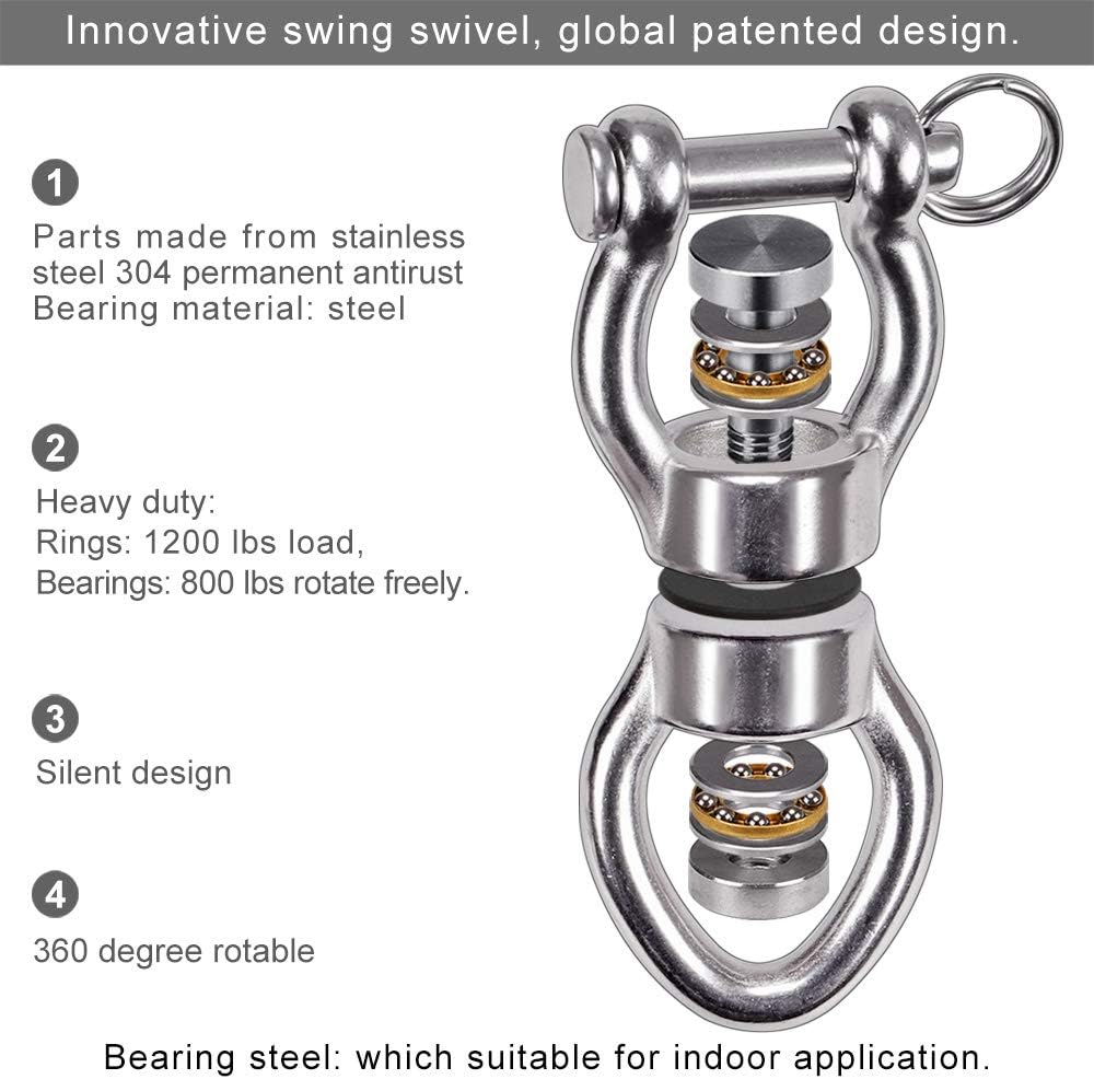 SELEWARE Silent Bearing Swing Swivel, 360° Rotational Device Hanging Accessory with Removeable Buckle for Tree Swing, Hammock Chair, Climbing Rope, Yoga, Kids Swing Swivel 1200LB Capacity, 2 Pack